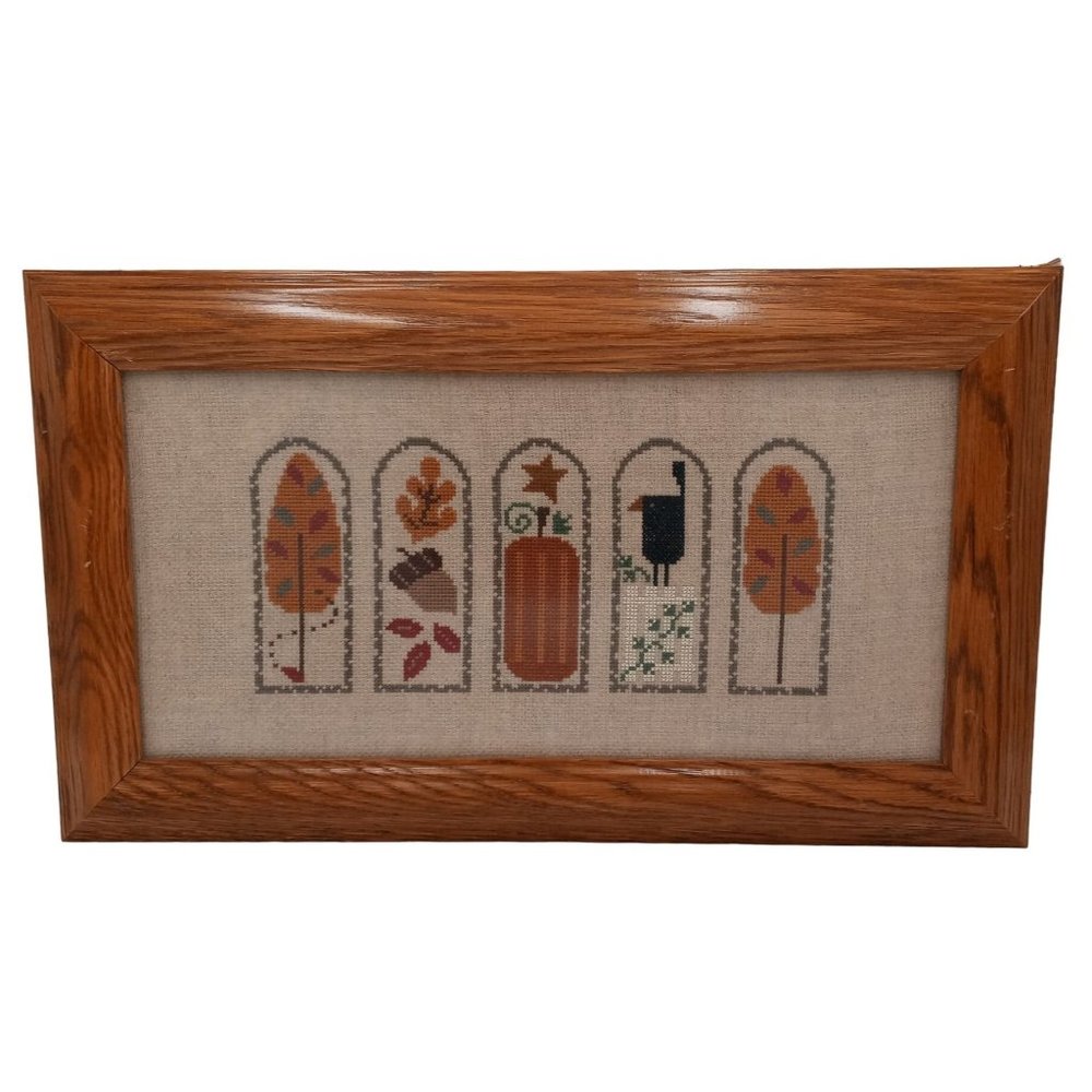 Prim Autumn Cross Stitch Framed Completed Wall Art Fall Pumpkin Crow Trees 19 In